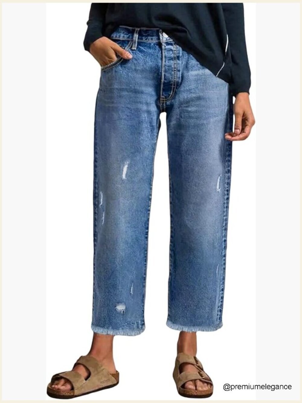 Wide Leg Stretchy Distressed Raw Hem Ankle Jeans with Pockets